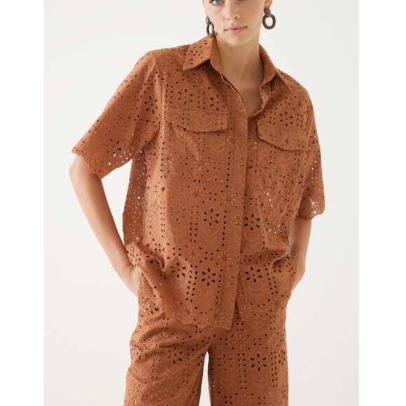 Exquise Women's Brown Guipure Chloe Shirt & Tilda Wide Leg Trousers Set Size 2 - Picture 3 of 4